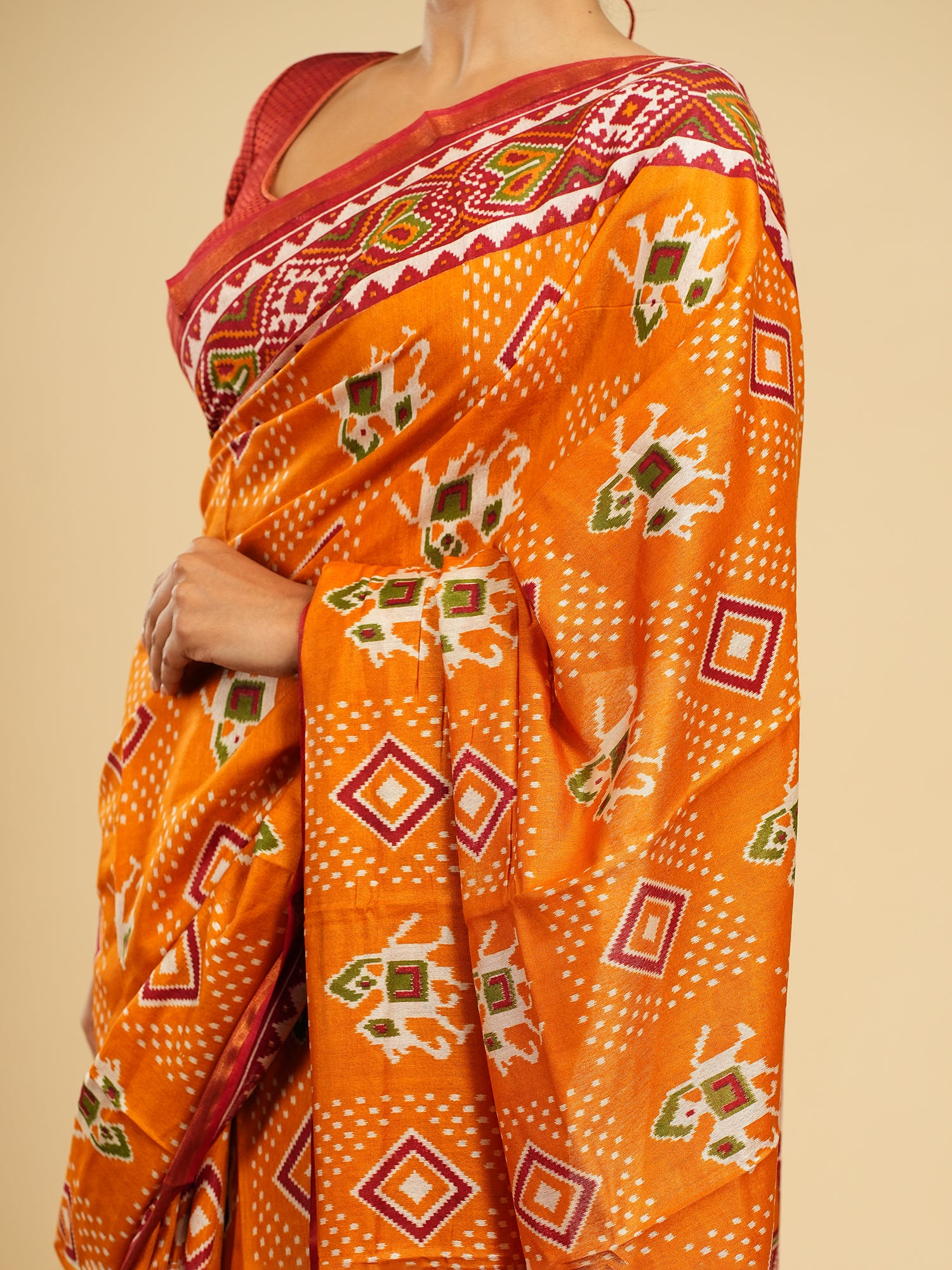 Modal Patola Print Saree Orange-Red Border