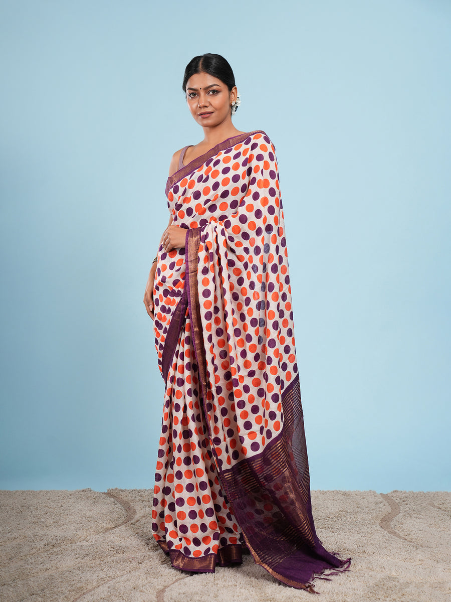 Ivory Vegan Silk polka-dot print saree, full-length drape – Koshnika