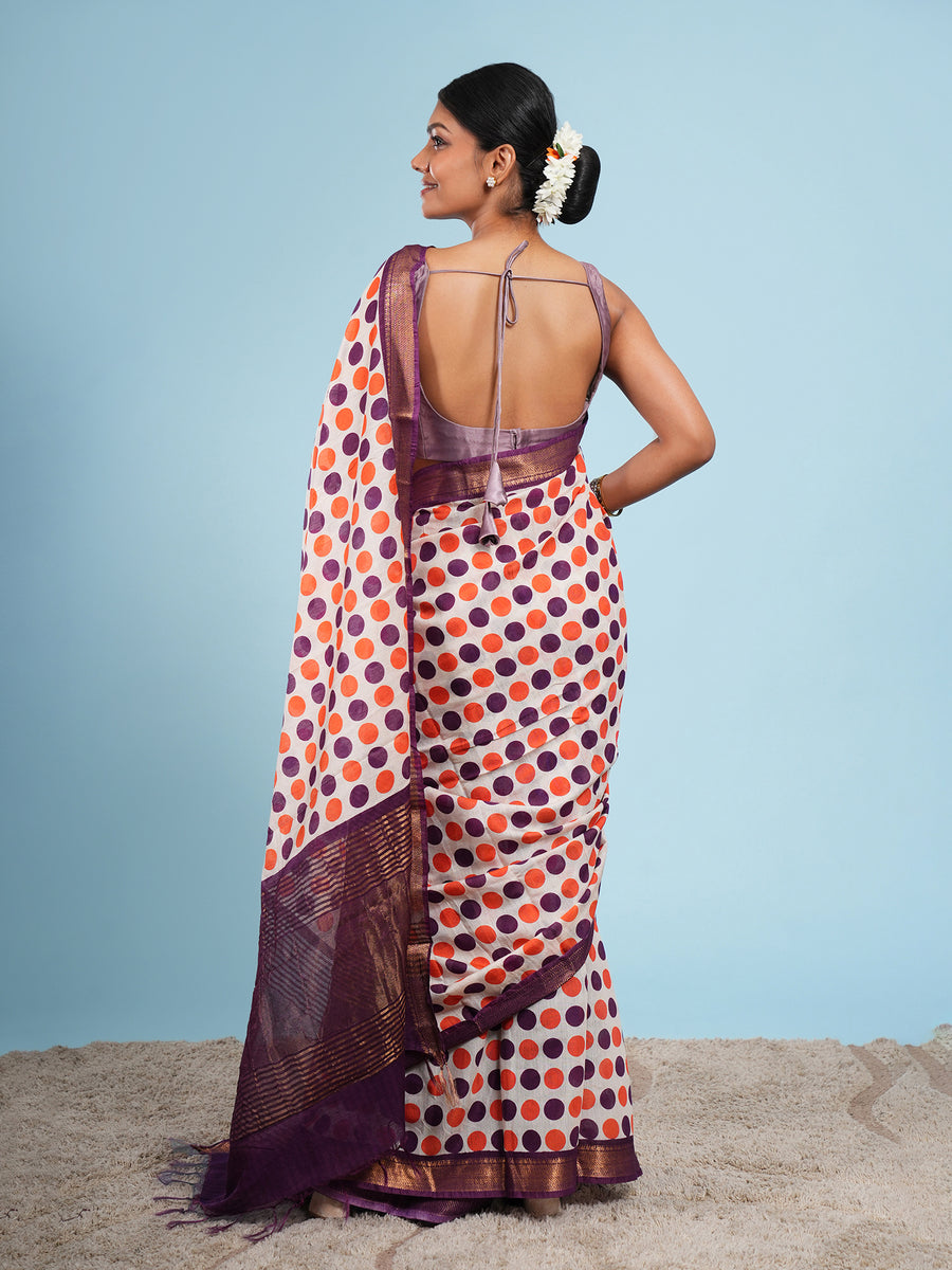 Ivory Vegan Silk polka-dot print saree, pallu detail – Koshnika