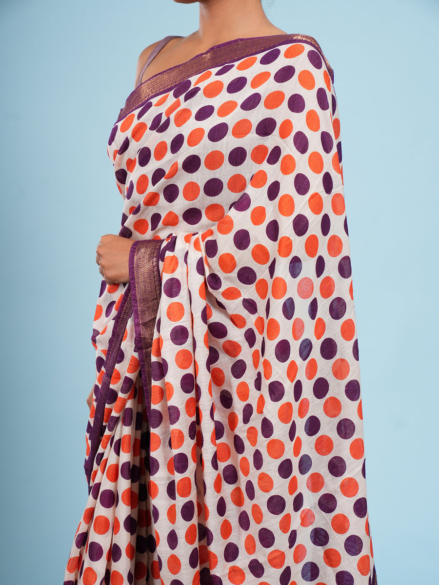 Ivory Vegan Silk polka-dot print saree, styled view – Koshnika