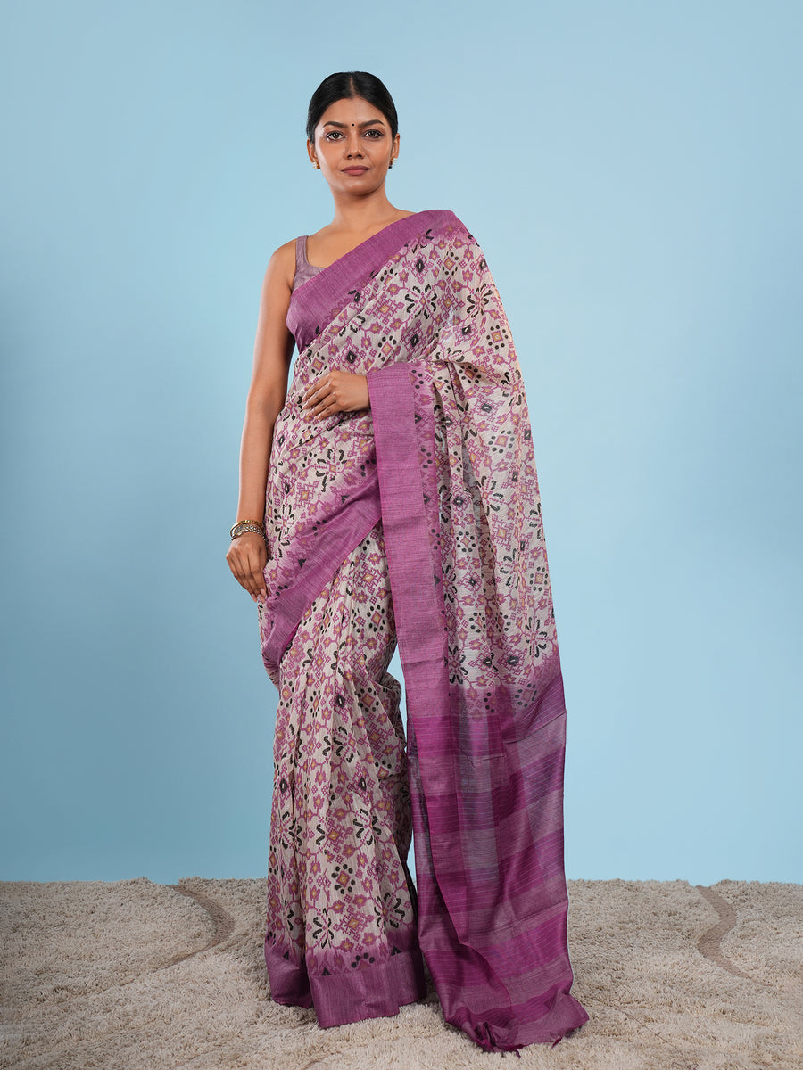 Purple bamboo silk block-print saree – Koshnika