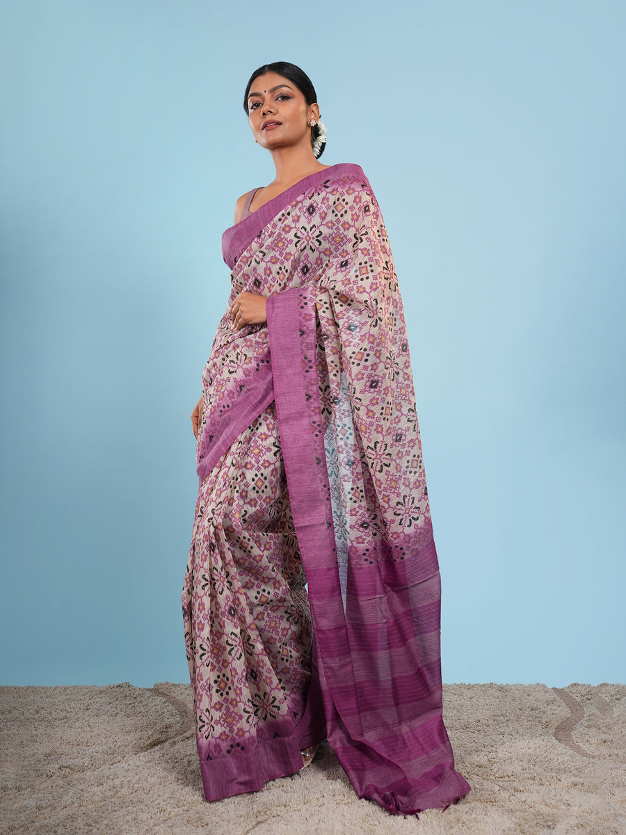 Purple bamboo silk block-print saree, border detail – Koshnika