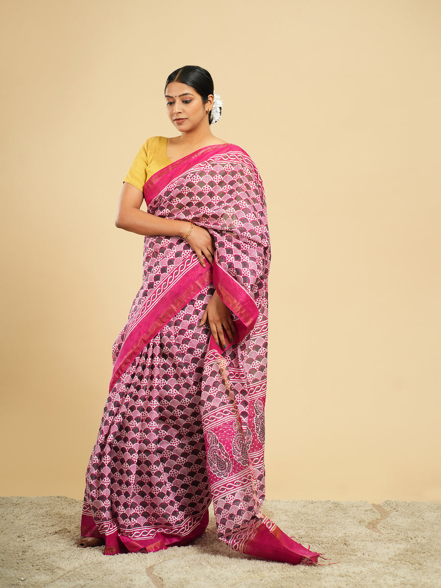 Rani pink Chanderi block-print saree – Koshnika