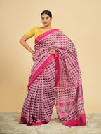 Viscose Chanderi Block Print Saree Rani Pink