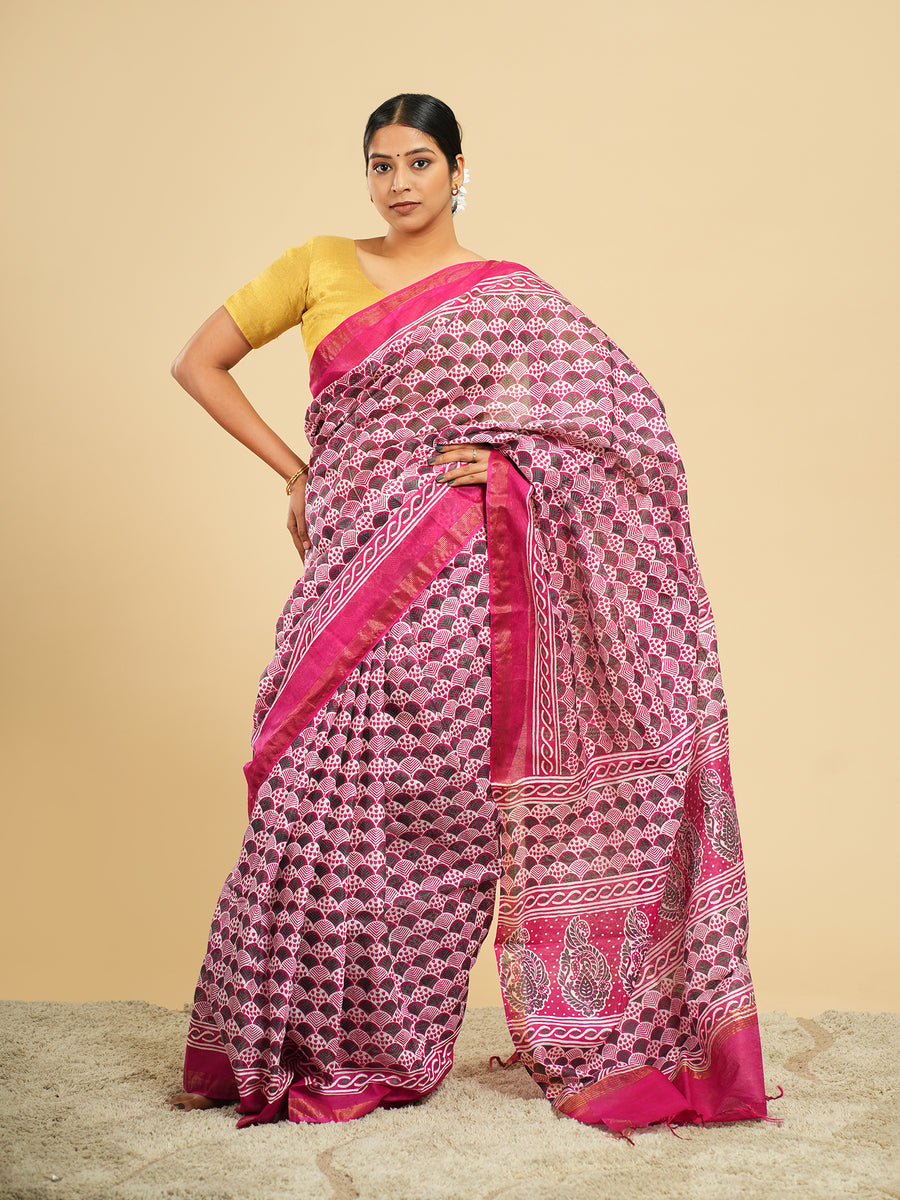 Rani pink Chanderi block-print saree, border detail – Koshnika