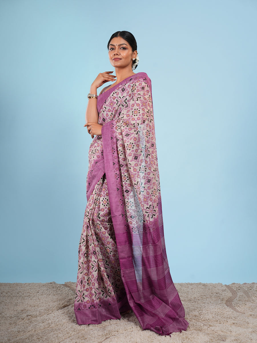 Purple bamboo silk block-print saree, drape and fall – Koshnika