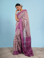 Varnika Bamboo Silk Block Print Saree Purple
