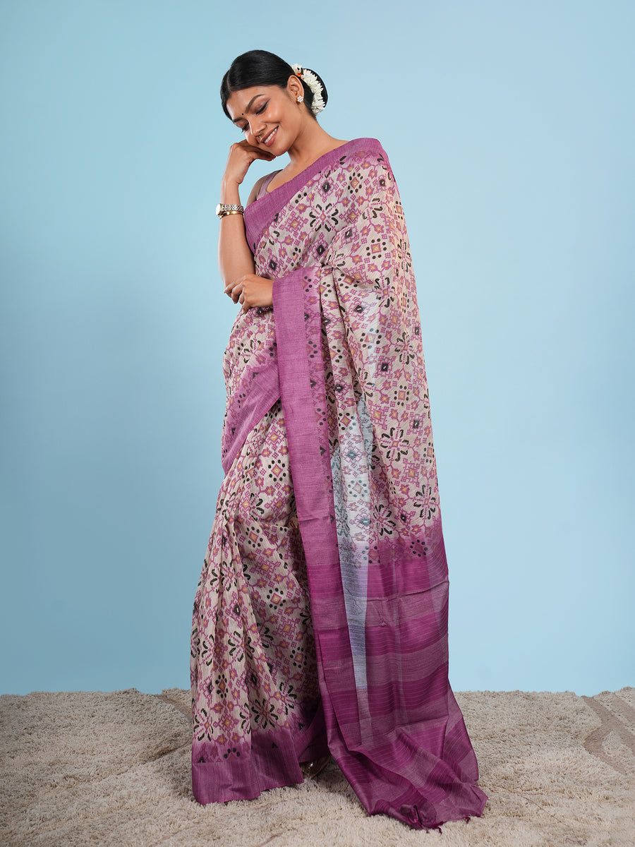 Purple bamboo silk block-print saree, block motif close-up – Koshnika