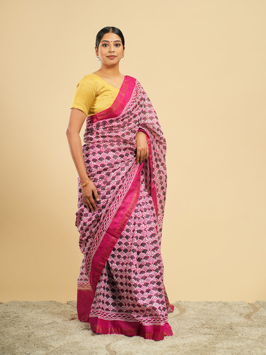 Rani pink Chanderi block-print saree, drape and fall – Koshnika