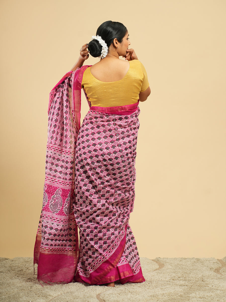 Rani pink Chanderi block-print saree, block motif close-up – Koshnika