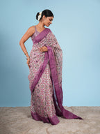 Varnika Bamboo Silk Block Print Saree Purple