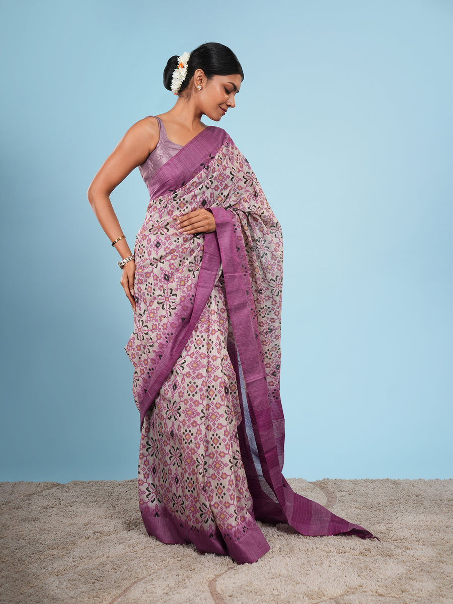 Purple bamboo silk block-print saree, full-length drape – Koshnika