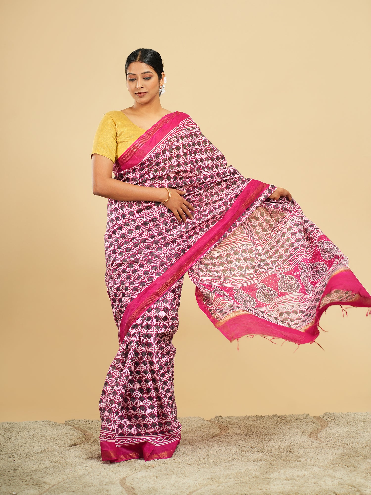 Viscose Chanderi Block Print Saree Rani Pink