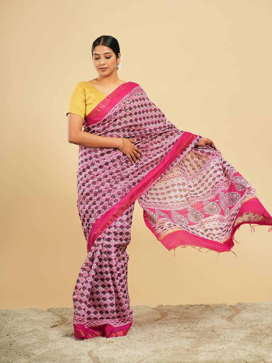 Rani pink Chanderi block-print saree, full-length drape – Koshnika