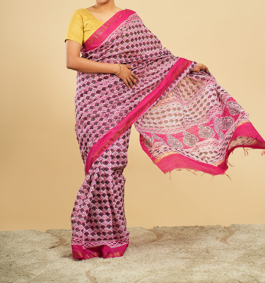 Rani pink Chanderi block-print saree, pallu detail – Koshnika