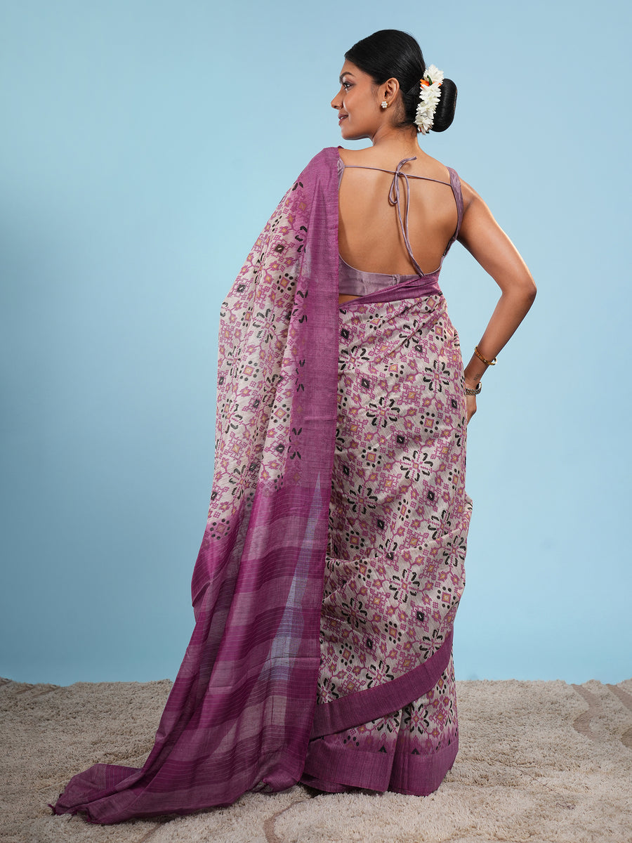 Purple bamboo silk block-print saree, pallu detail – Koshnika