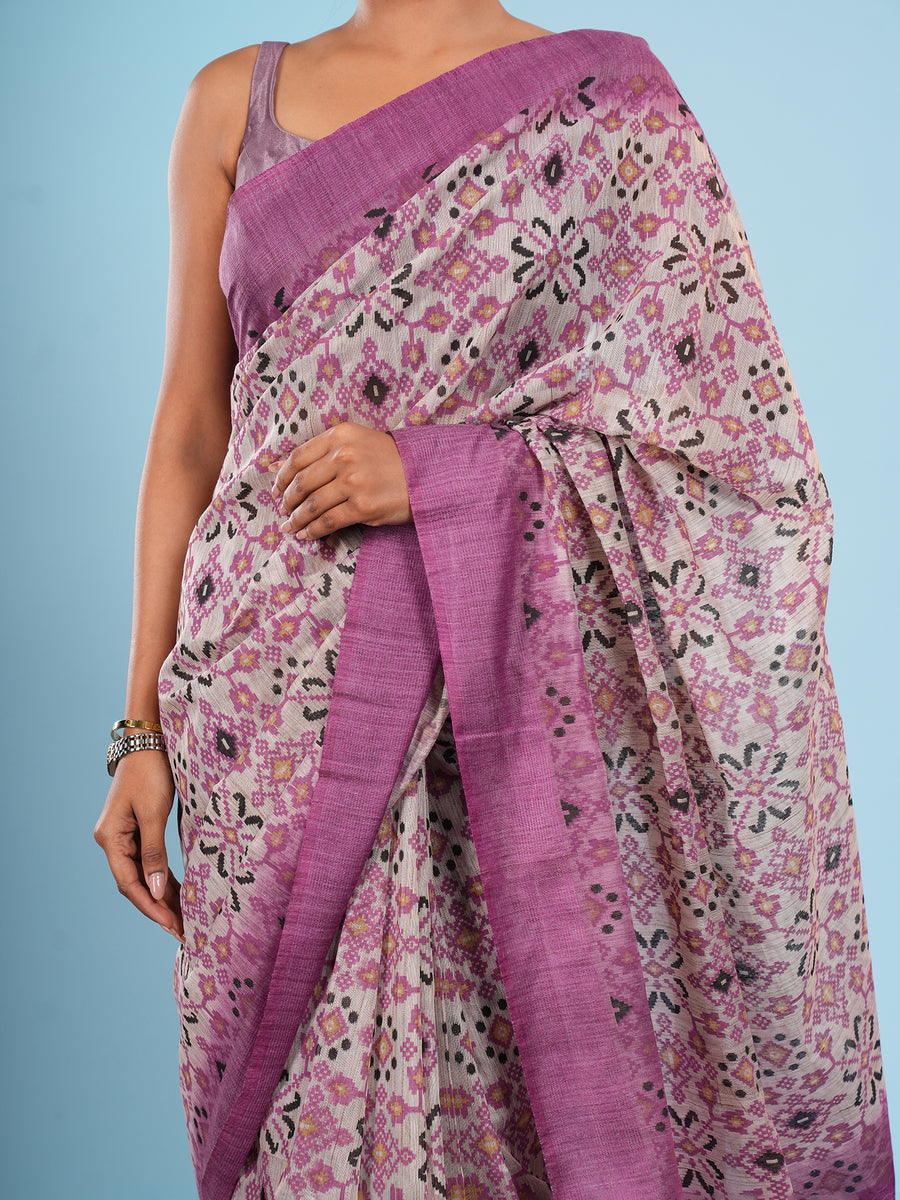 Purple bamboo silk block-print saree, fabric texture close-up – Koshnika