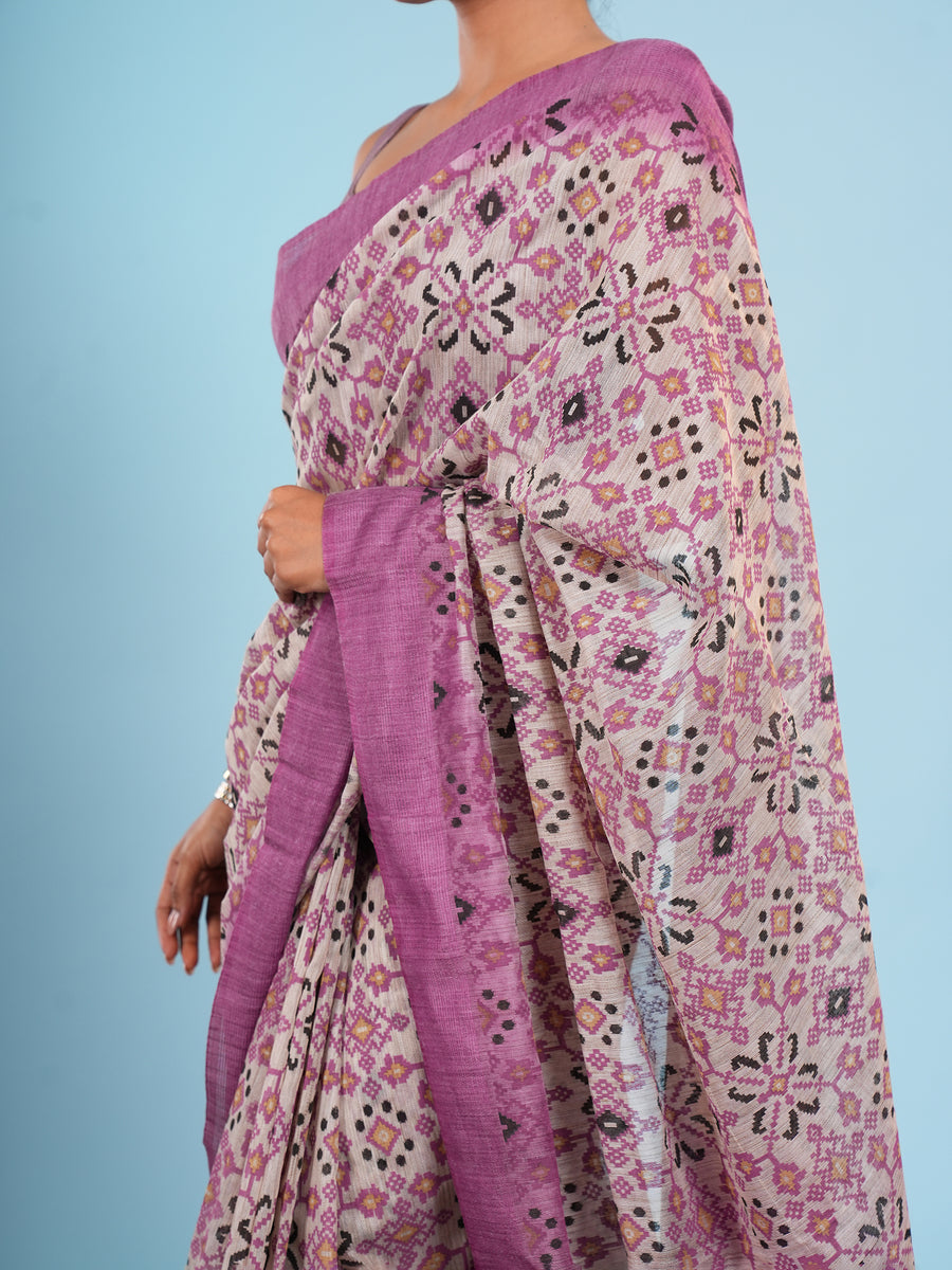 Purple bamboo silk block-print saree, styled view – Koshnika