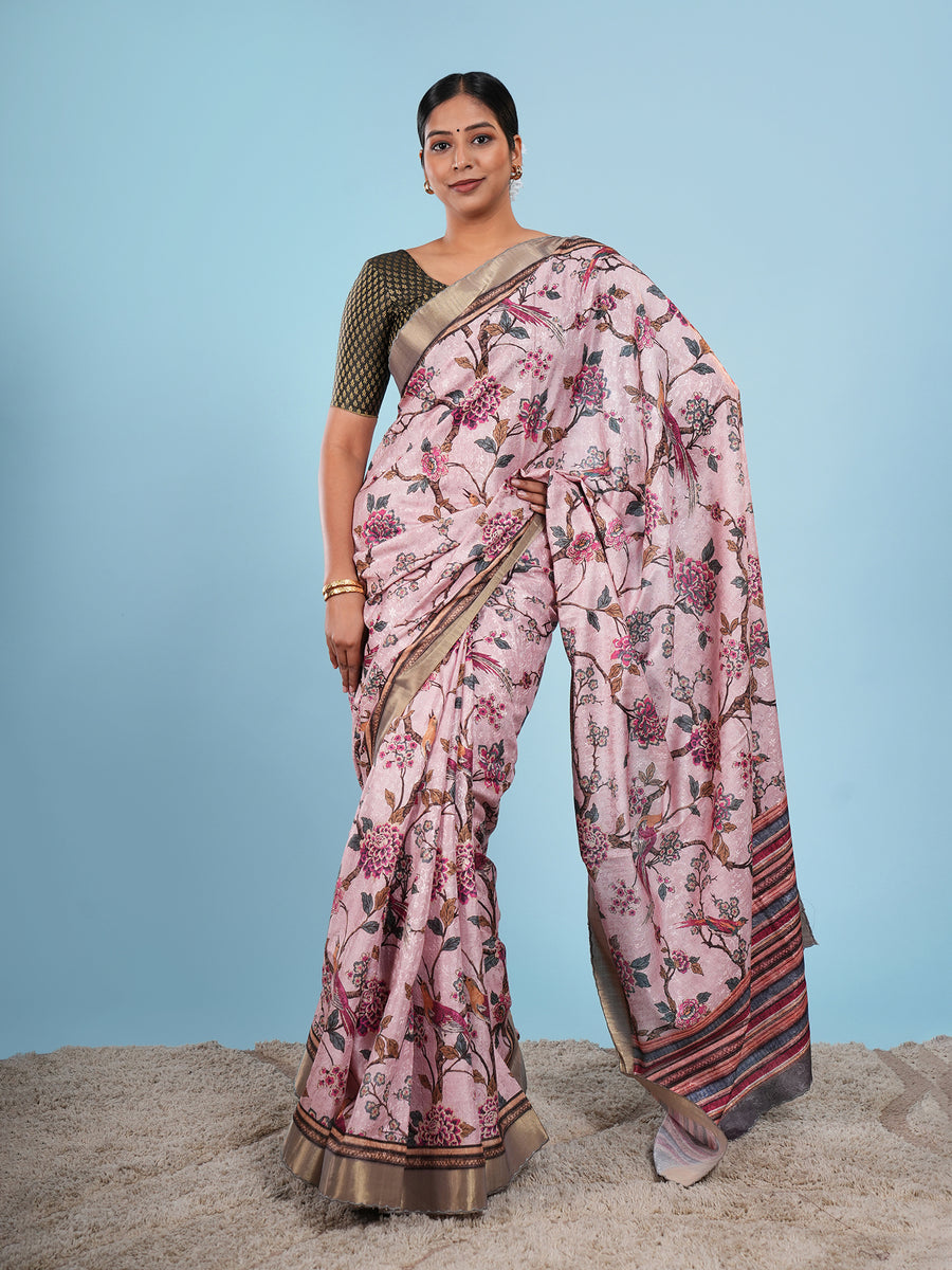 Blush pink floral self-jacquard saree, full-length drape – Koshnika