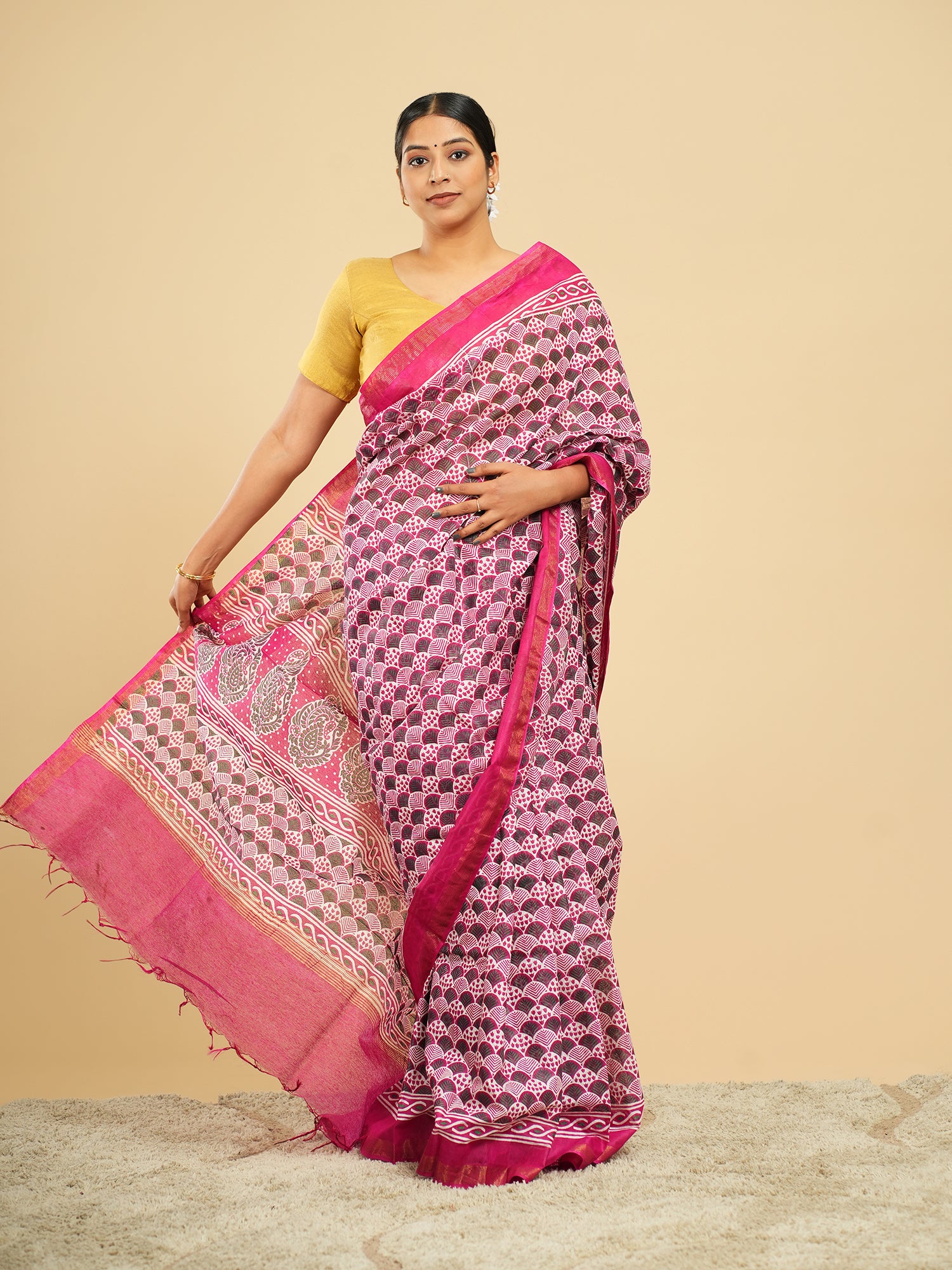 Viscose Chanderi Block Print Saree Rani Pink