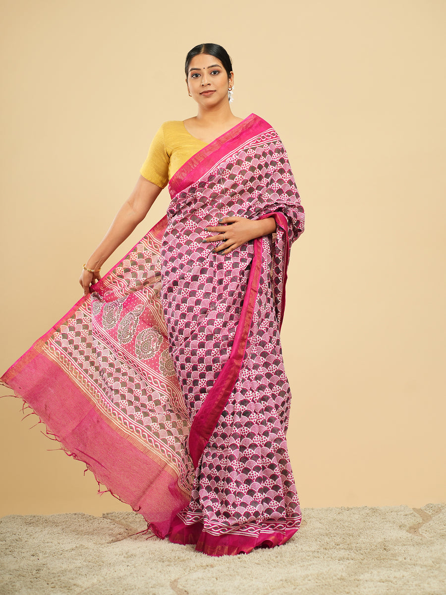 Rani pink Chanderi block-print saree, fabric texture close-up – Koshnika