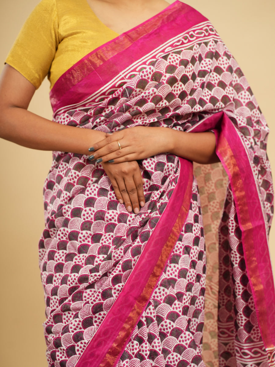 Rani pink Chanderi block-print saree, styled view – Koshnika