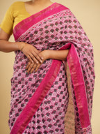 Viscose Chanderi Block Print Saree Rani Pink