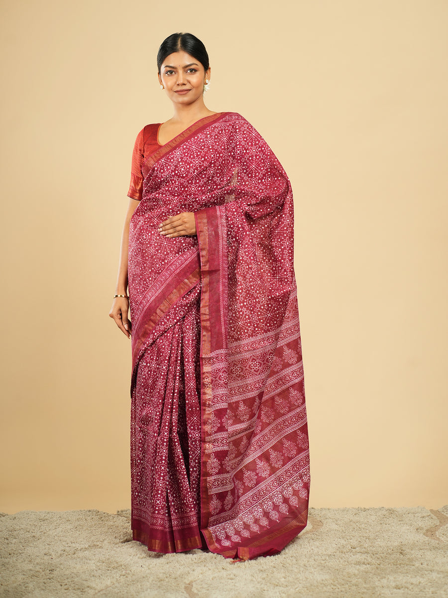 Deep rose Chanderi block-print saree – Koshnika