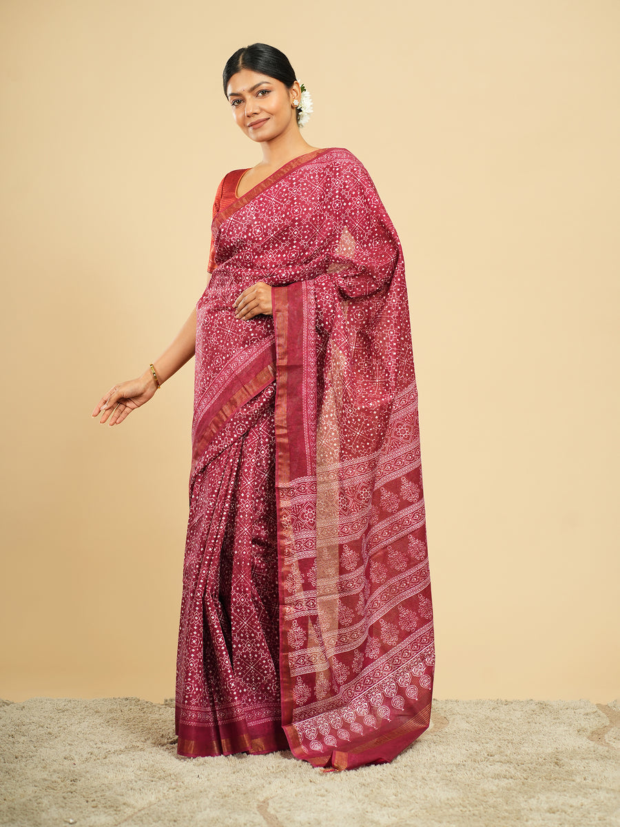 Deep rose Chanderi block-print saree, border detail – Koshnika