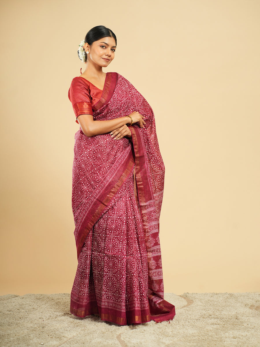 Deep rose Chanderi block-print saree, drape and fall – Koshnika