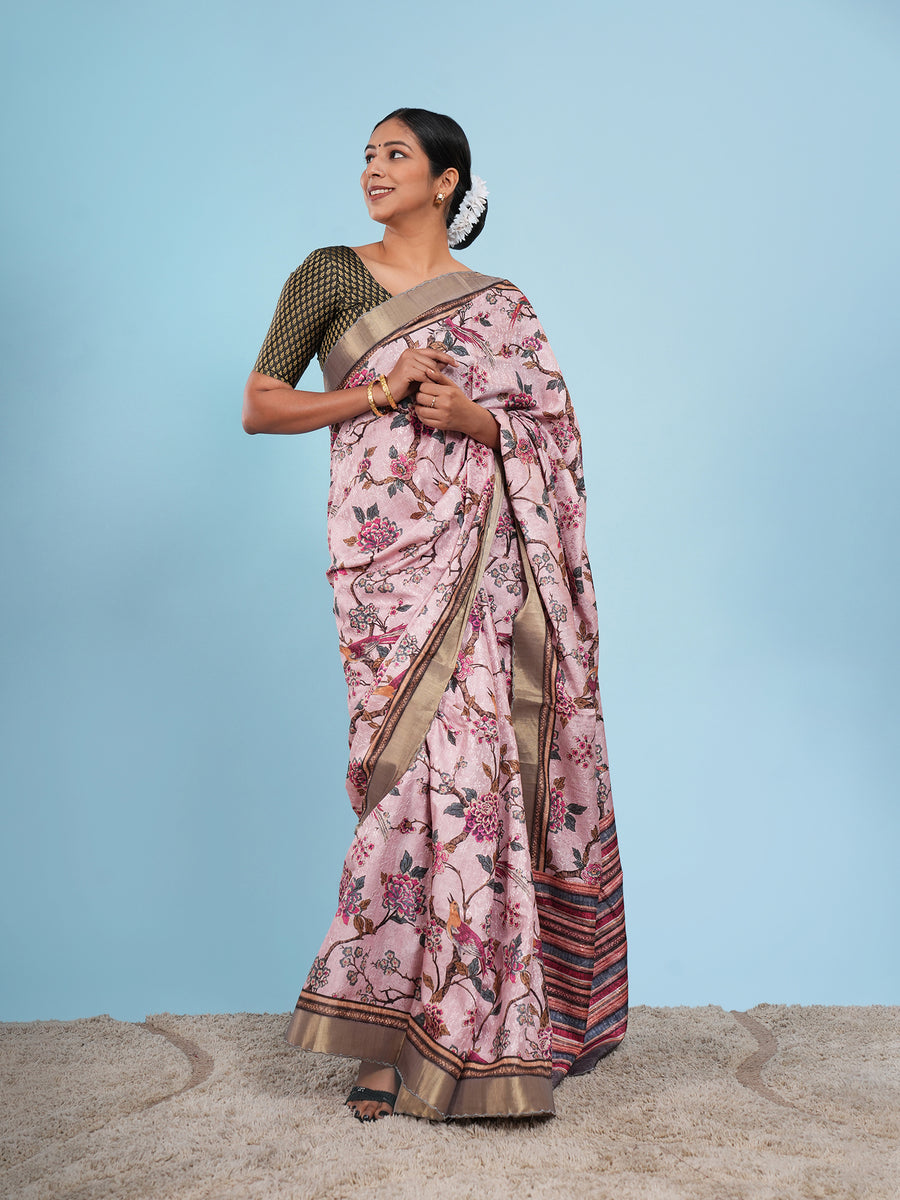 Blush pink floral self-jacquard saree, drape and fall – Koshnika