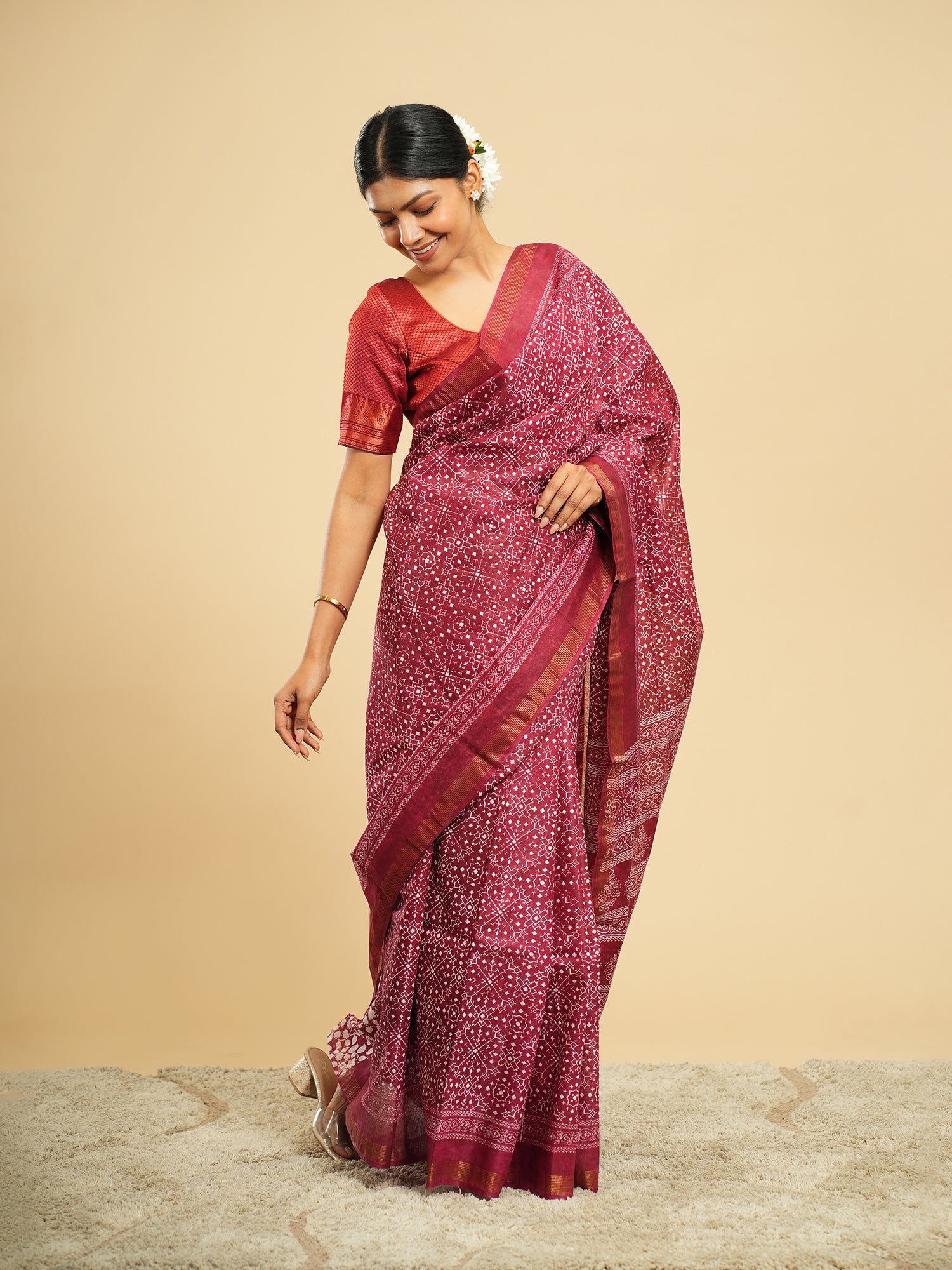 Rani Chanderi Viscose Block Print Saree Deep Rose