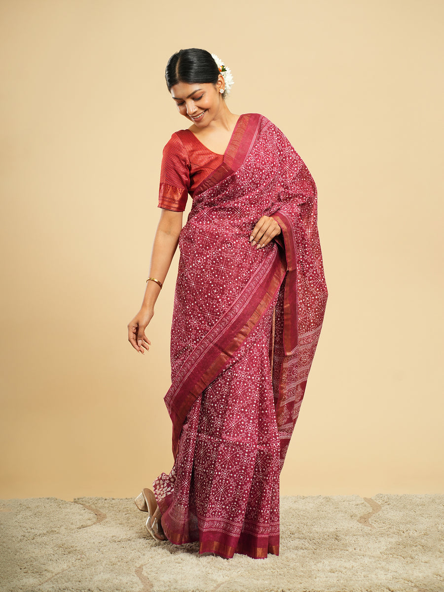 Deep rose Chanderi block-print saree, block motif close-up – Koshnika