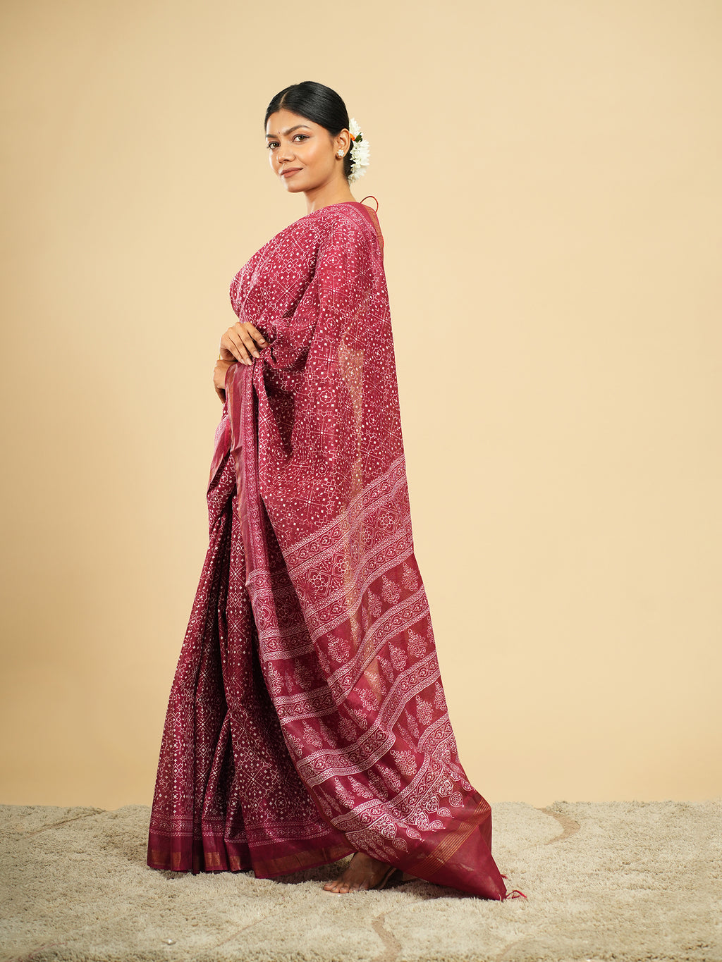 Rani Chanderi Viscose Block Print Saree Deep Rose