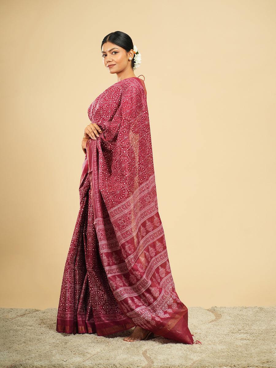 Deep rose Chanderi block-print saree, full-length drape – Koshnika