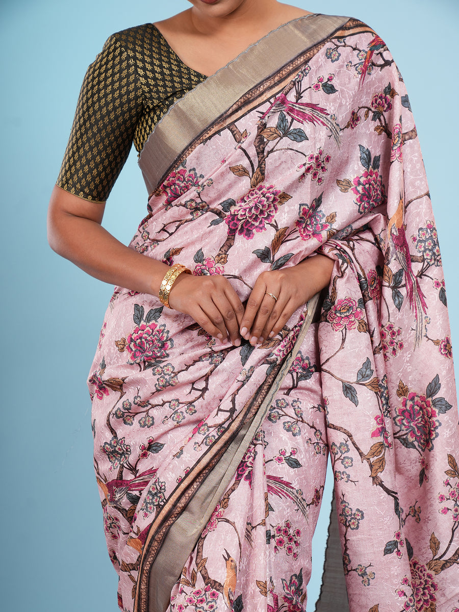Blush pink floral self-jacquard saree, styled view – Koshnika