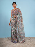 Madhubani Tussar Saree Natural with Grey Border