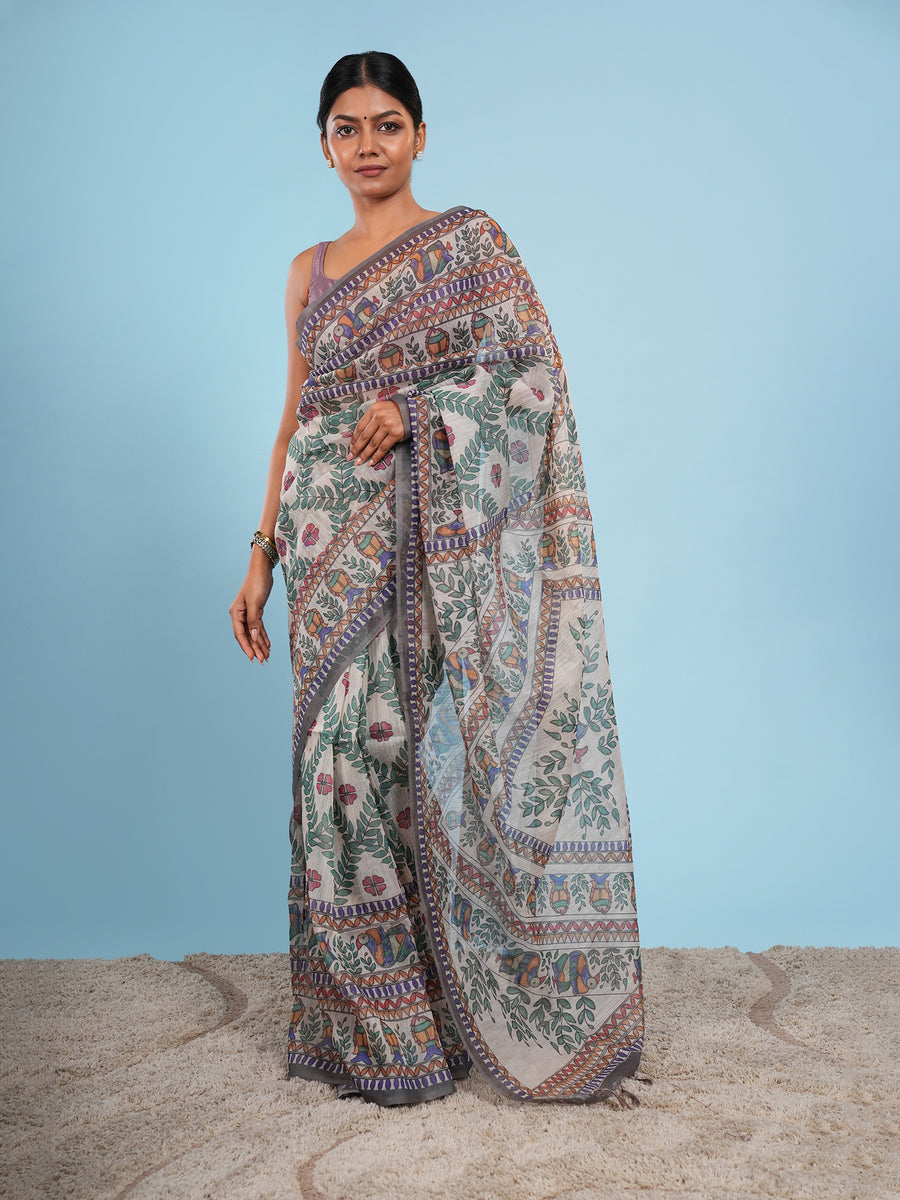 Natural Tussar silk Madhubani-print saree, grey border – Koshnika