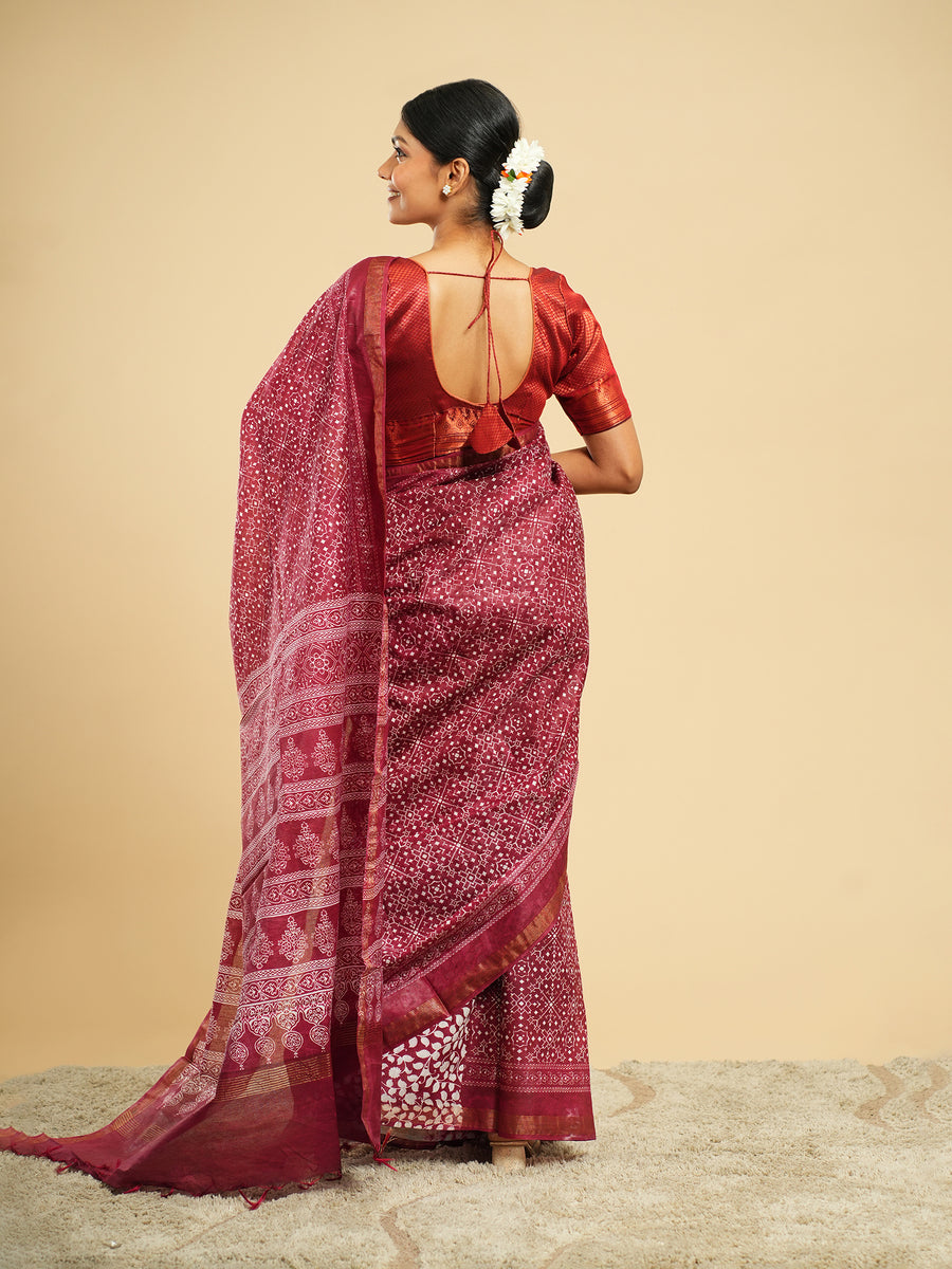 Deep rose Chanderi block-print saree, pallu detail – Koshnika