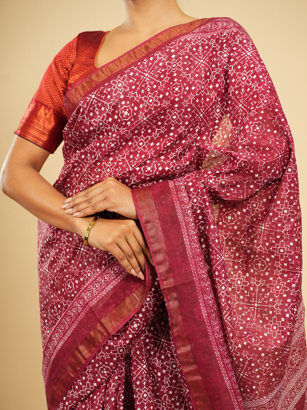 Rani Chanderi Viscose Block Print Saree Deep Rose