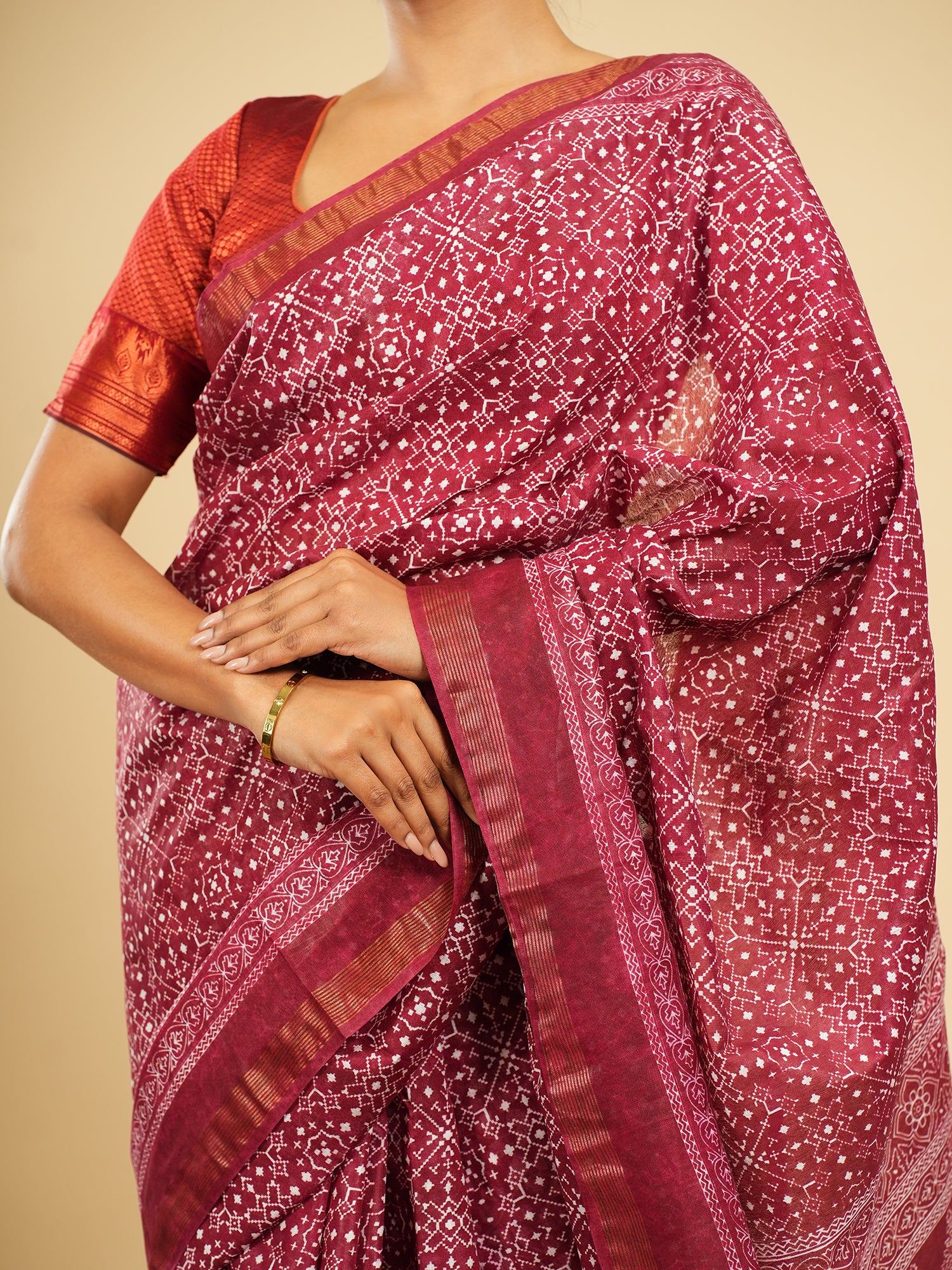 Rani Chanderi Viscose Block Print Saree Deep Rose