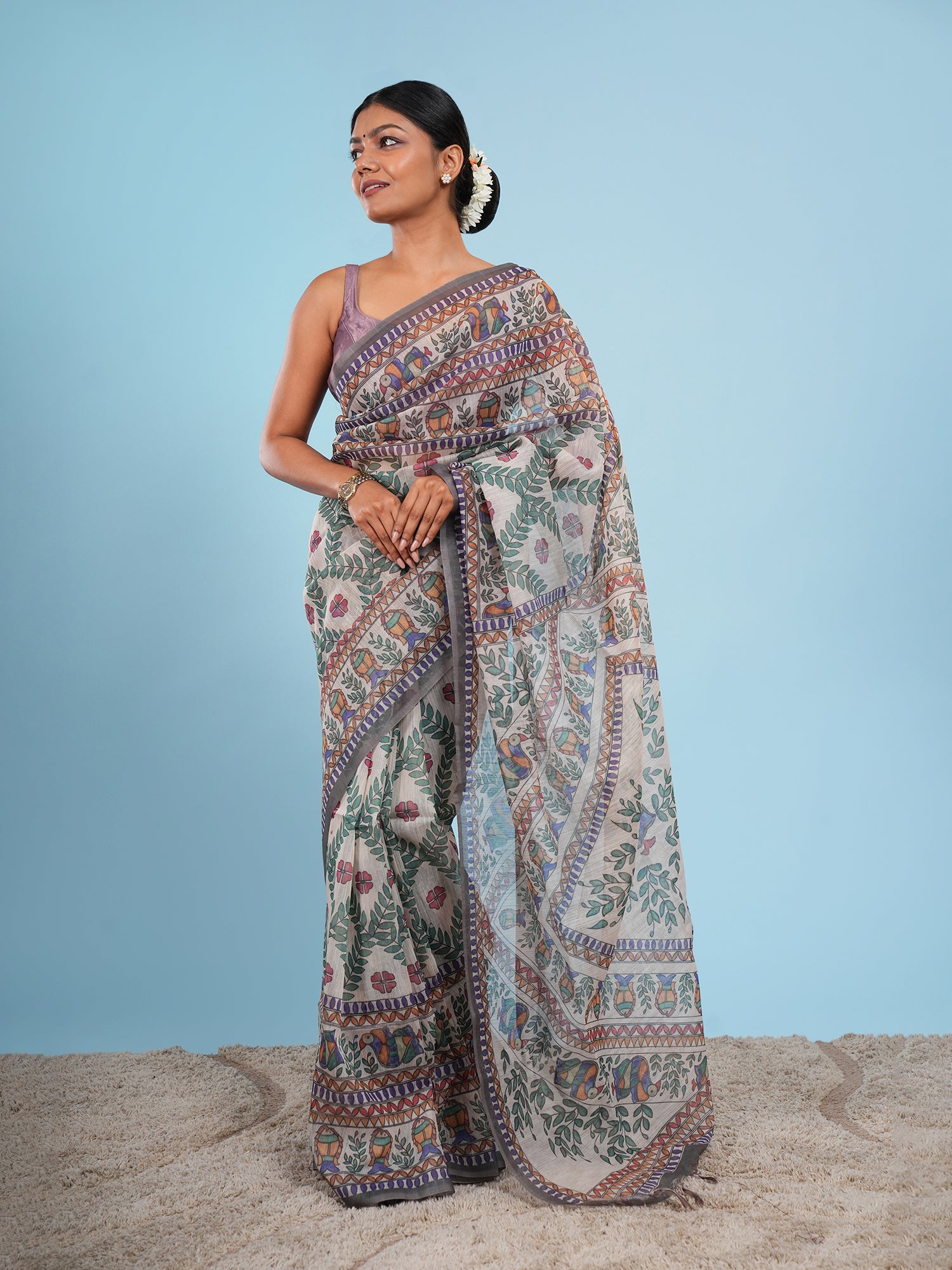 Madhubani Tussar Saree Natural with Grey Border