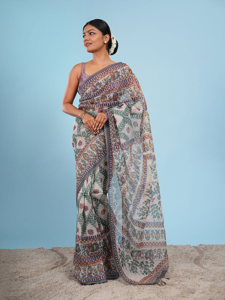 Natural Tussar silk Madhubani-print saree, grey border detail – Koshnika