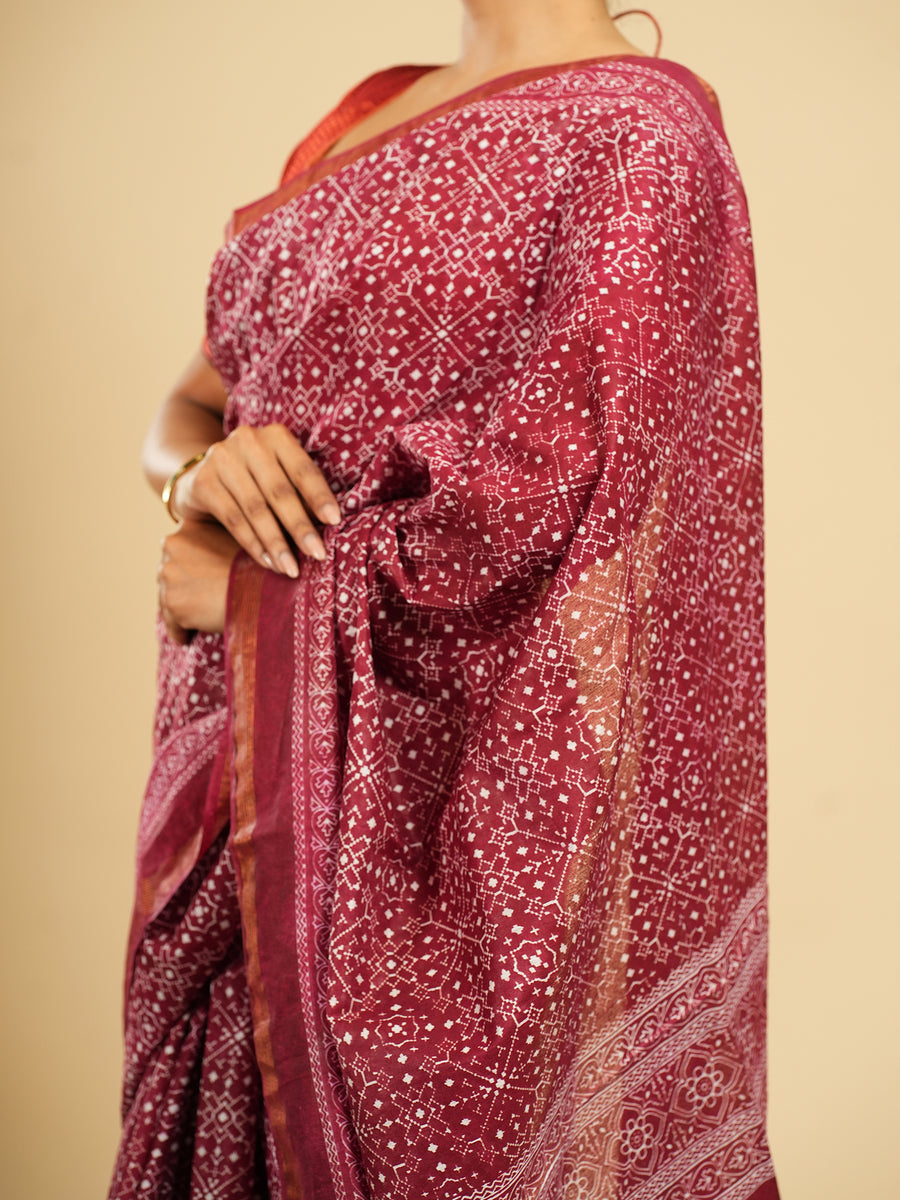Deep rose Chanderi block-print saree, styled view – Koshnika