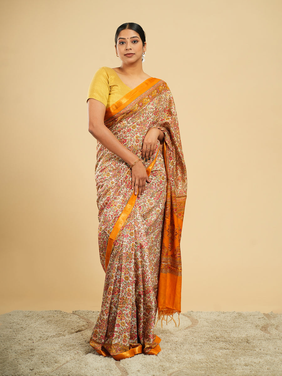 Modal floral-print saree, orange border – Koshnika