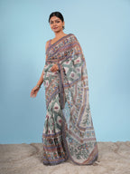 Madhubani Tussar Saree Natural with Grey Border