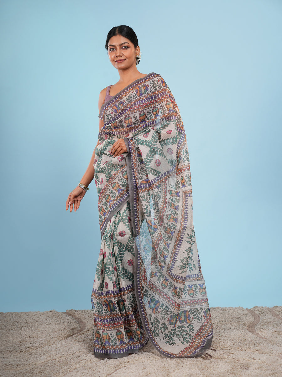 Natural Tussar silk Madhubani-print saree, drape and fall – Koshnika