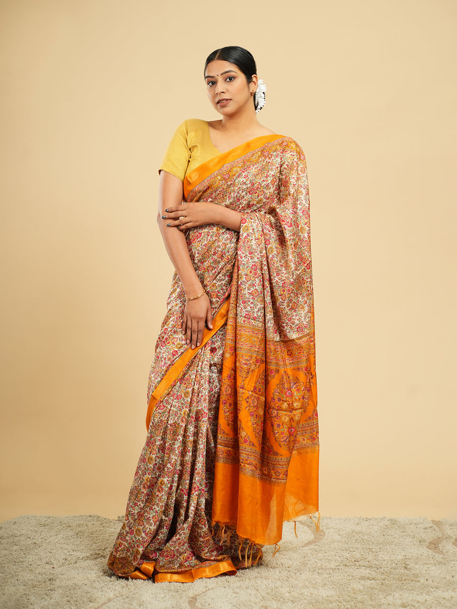Modal floral-print saree, orange border detail – Koshnika