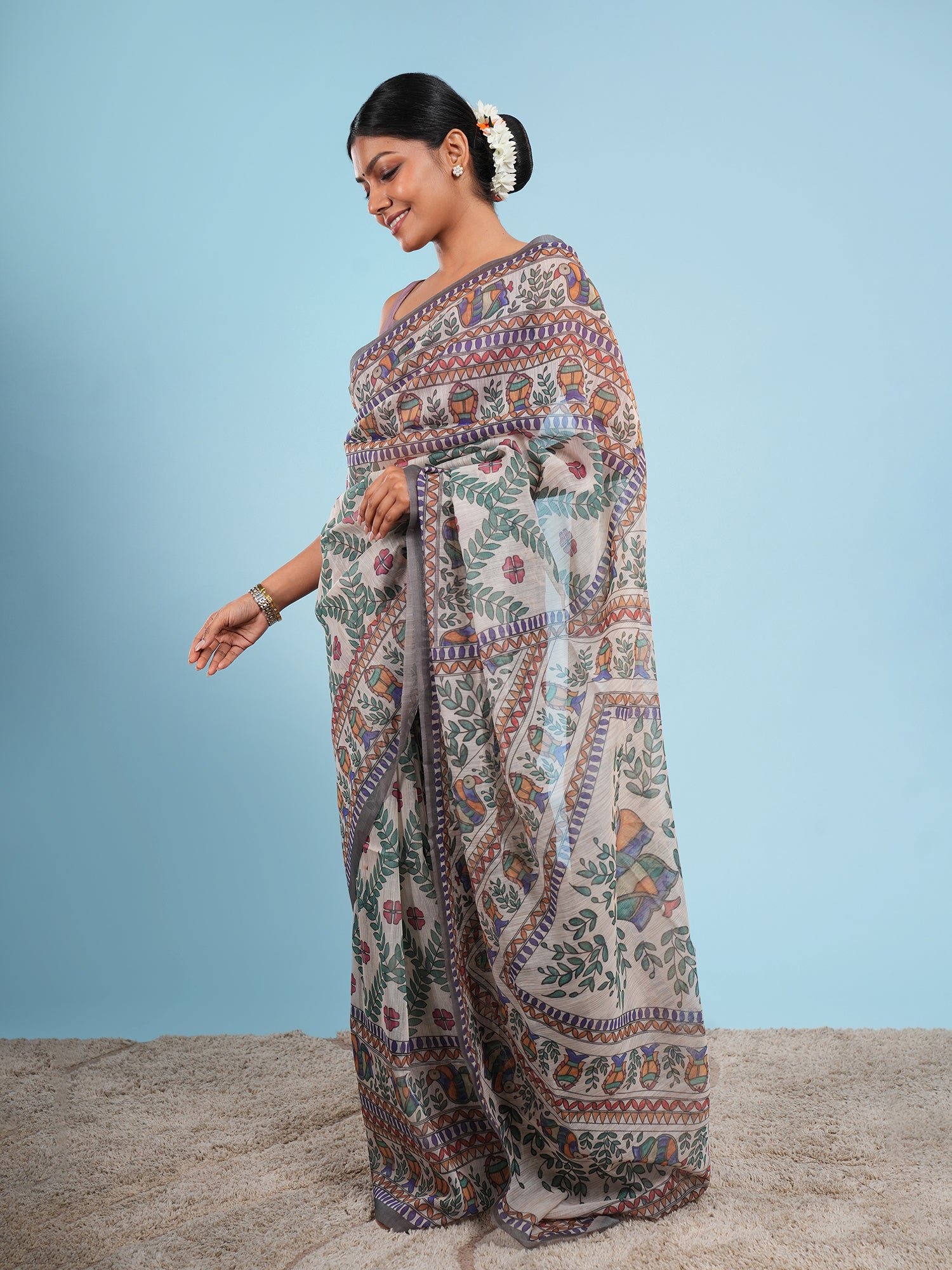 Madhubani Tussar Saree Natural with Grey Border