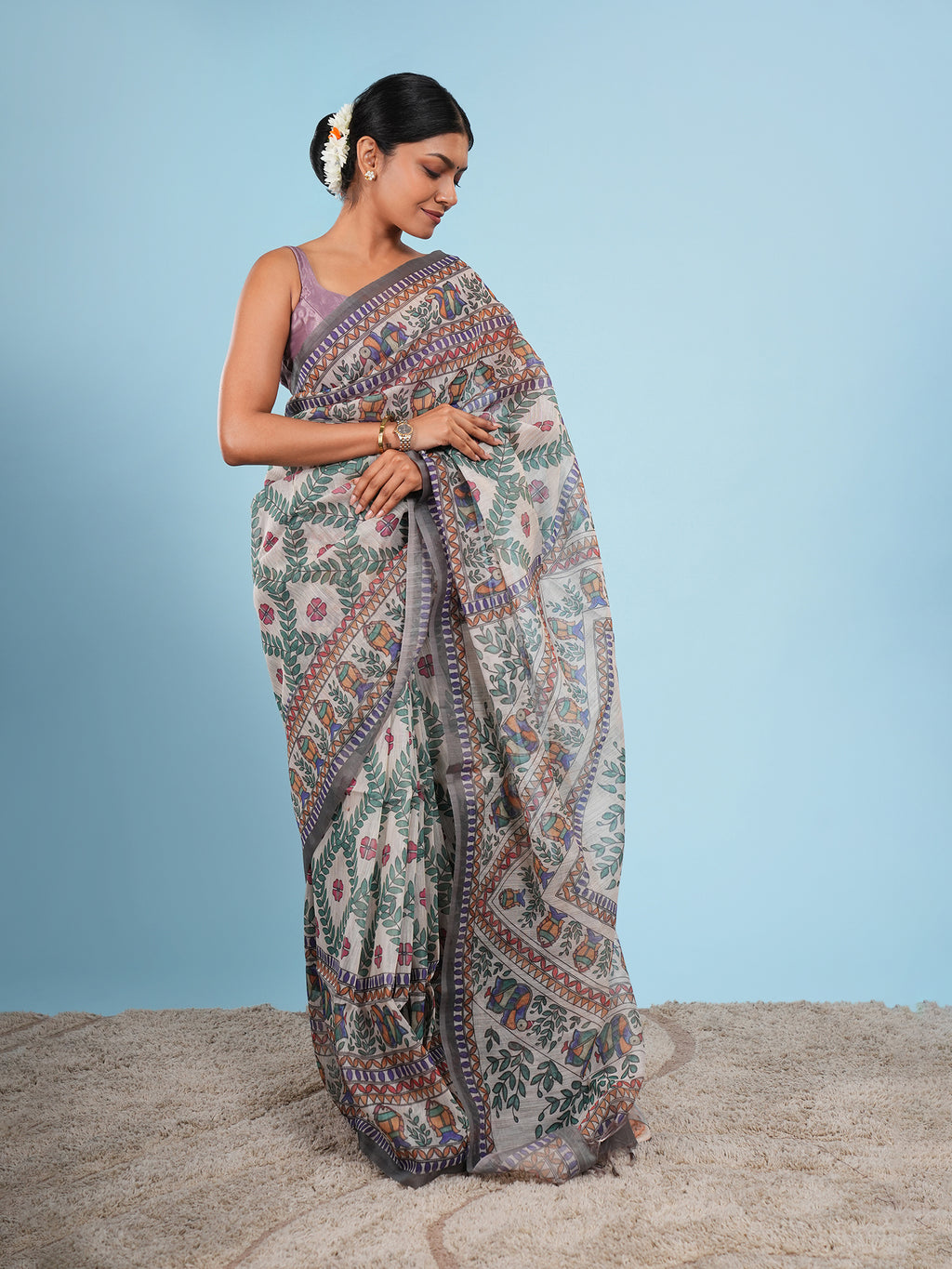 Madhubani Tussar Saree Natural with Grey Border